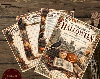 Puede incluir: Un paquete educativo titulado The History of Halloween: From Samhain to Trick-or-Treating. Las páginas presentan ilustraciones de cuervos, calabazas, libros abiertos y follaje otoñal, con texto que detalla líneas de tiempo históricas y preguntas.