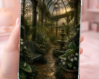 Puede incluir: Una funda rectangular para tableta con un estampado detallado de un invernadero con una fuente de piedra, un banco de metal oscuro, follaje verde, flores blancas y una estructura de techo de cristal con una linterna colgante.