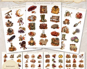 Puede incluir: Una colección de hojas de pegatinas con temática otoñal que incluye ilustraciones de telescopios, lunas crecientes, paraguas, botas de lluvia, linternas, calabazas, verduras, guantes de punto y follaje estacional sobre fondo blanco.