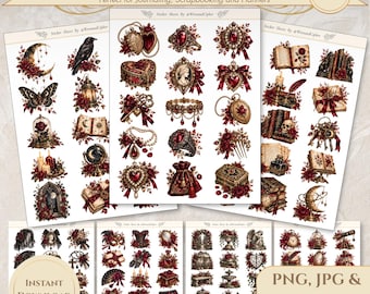 Puede incluir: Una colección de hojas de pegatinas titulada Gothic Romance Sticker Sheet con 150 pegatinas. Los diseños incluyen rosas de color rojo oscuro, joyas doradas, relicarios ornamentados, calaveras, libros, velas, mariposas y cuervos en tonos rojos y dorados.