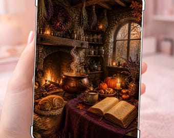 Puede incluir: Una funda rectangular para tableta con una ilustración impresa de una habitación acogedora con chimenea, un caldero humeante, un libro abierto sobre una mesa, calabazas y un gato naranja durmiendo sobre una alfombra.