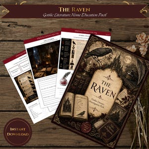 May include: A digital educational pack titled The Raven Gothic Literary Investigation Pack, featuring a main cover with a raven illustration, an open book, and inkwell, alongside three printed worksheets with text, diagrams, and analysis prompts.