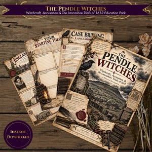 May include: A collection of educational papers titled The Pendle Witches: Witchcraft, Accusation & The Lancashire Trials of 1612. The documents feature vintage-style illustrations of ravens, landscapes, and text, with a dark purple banner.