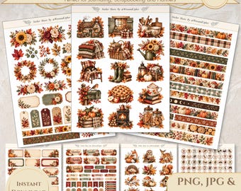 Puede incluir: Hojas de pegatinas Autumn Journal con más de 500 adhesivos que incluyen ilustraciones de calabazas, girasoles, follaje otoñal, cabañas, animales del bosque y etiquetas de agenda estacionales en diversas formas y patrones.