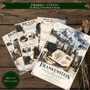 May include: A set of educational study sheets titled Frankenstein: The Making Of The Modern Monster. The pages feature vintage-style illustrations of skulls, scientific equipment, anatomical drawings, and mountain landscapes with text.