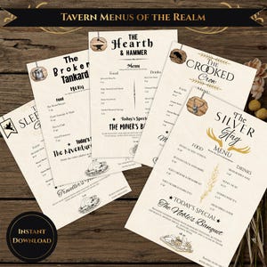 以下が含まれることがあります： Tavern Menus of the Realmと題された4枚の印刷された酒場のメニューのコレクション。The Broken Tankard、The Hearth & Hammer、The Crooked Crow、The Silver Stagが含まれています。各メニューには、金貨で表示された価格とともに食べ物や飲み物が記載されています。