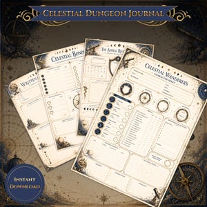 May include: A set of printed character sheets titled Celestial Wanderer's Character Sheet, Celestial Bonds, and The Astral Record. The pages feature cream-colored paper with dark blue celestial illustrations, gold accents, and text fields for RPG gaming.