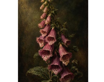 Puede incluir: Una pintura al óleo vertical de una dedalera con un tallo alto de flores en forma de campana, de color rosa malva, con gargantas moteadas de color púrpura oscuro. La planta tiene hojas texturizadas de color verde oscuro.