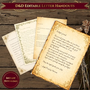 May include: A set of four parchment-style D&D editable letter handouts with aged, yellowed edges and ornate gold-colored borders. The documents feature black cursive text, including a message signed by High Priestess Miriam, and decorative floral motifs.
