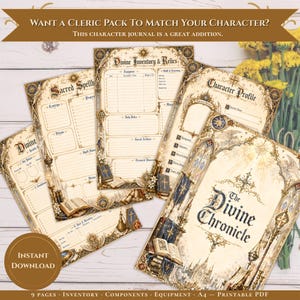 May include: A set of printable character journal pages titled The Divine Chronicle, featuring ornate borders, gothic illustrations of books and staves, and sections for Sacred Spells, Divine Inventory, Relics, and Character Profile on cream paper.