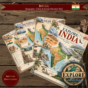 インド地理単元学習 | ティーン向けインド国別学習 | アジア家庭学習用印刷可能PDF | 地理と文化ワークブック