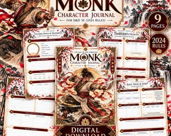 Puede incluir: Un diario de personaje digital para las reglas de D&D 5E 2024 titulado The Way of the Unbound Monk. El conjunto incluye varias páginas con secciones para el seguimiento de PNJ, inventario y salud, con ilustraciones de un monje y flores de cerezo.