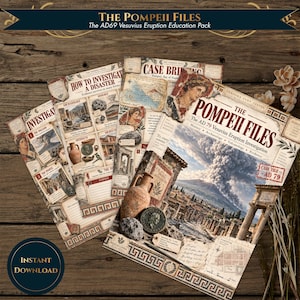 May include: The Pompeii Files education pack features printed documents with historical illustrations of Mount Vesuvius, Roman ruins, pottery, and maps. The text includes The Pompeii Files, The AD 79 Vesuvius Eruption Investigation, and How to Investigate a Disaster.