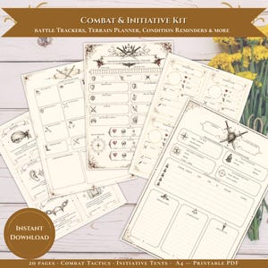 Op de afbeelding: Een set printbare papieren vellen voor een gevechts- en initiatiefkit, met crèmekleurige pagina's met zwarte inktillustraties van zwaarden, schilden en iconen. De tekst bevat Combat & Initiative Kit, Battle Trackers, Terrain Planner en Condition Reminders.
