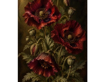 Puede incluir: Una ilustración botánica que presenta tres grandes flores de amapola de color rojo intenso en plena floración con centros oscuros, rodeadas de varias cápsulas de semillas verdes y hojas dentadas sobre un fondo oscuro.