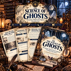 Może przedstawiać: Pakiet edukacyjny The Science of Ghosts zawiera kolekcję wydrukowanych arkuszy instruktażowych oraz okładkę książki z ciemnoniebieskimi i złotymi zdobionymi obramowaniami. Tekst zawiera tytuły takie jak Perception, Sleep i Investigation.