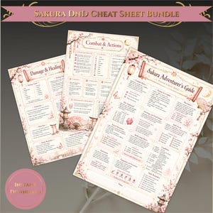 May include: Three rectangular reference sheets titled Sakura DnD Cheat Sheet Bundle, Damage & Healing, Combat & Actions, and Sakura Adventurer's Guide. The sheets feature light pink cherry blossom illustrations, lanterns, and fans on a cream background.