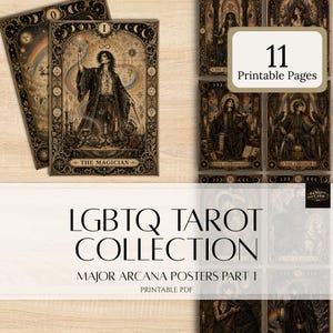 Könnte beinhalten: Eine Sammlung von 11 druckbaren Tarotkarten-Postern mit Illustrationen der Großen Arkana, dunklen, verzierten Rändern und Regenbogenakzenten. Der Text lautet LGBTQ TAROT COLLECTION MAJOR ARCANA POSTERS PART 1 PRINTABLE PDF und 11 Printable Pages.