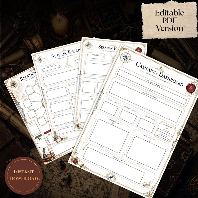 May include: A set of three printable campaign planning sheets featuring a Campaign Dashboard, Session Planner, and Relationship Tracker. The documents have a vintage aesthetic with compass motifs, quill illustrations, and text fields for notes.