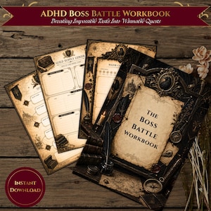May include: A collection of printed workbook pages titled ADHD Boss Battle Workbook: Breaking Impossible Tasks Into Winnable Quests. The pages feature a dark, vintage aesthetic with illustrations of quills, inkwells, and scrolls, including a Guild Supply Ledger and a Major Quest tracker.