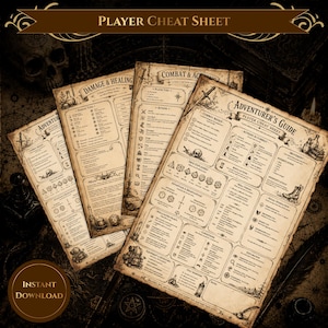 May include: Three beige parchment-style player cheat sheets for a tabletop role-playing game. The sheets feature black text, illustrations of skulls, swords, and potions, and headers including Adventurer's Guide, Damage & Healing, and Combat & Actions.