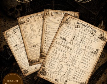 May include: Three beige parchment-style player cheat sheets for a tabletop role-playing game. The sheets feature black text, illustrations of skulls, swords, and potions, and headers including Adventurer's Guide, Damage & Healing, and Combat & Actions.