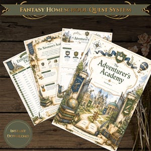 May include: A set of printed pages titled Fantasy Homeschool Quest System and The Adventurer's Academy. The documents feature illustrations of a castle, books, a globe, a telescope, and a hot air balloon, with text detailing quests, experience tracks, and student information.