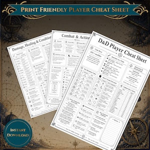 May include: Three white paper sheets featuring black text and diagrams titled Print Friendly Player Cheat Sheet, Damage, Healing & Conditions, and Combat & Actions. The documents provide D&D game rules, dice reference tables, and ability score explanations.