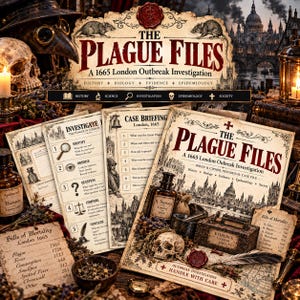 May include: A collection of printed documents titled The Plague Files: A 1665 London Outbreak Investigation. The set includes case briefing sheets, a Bills of Mortality list, and historical illustrations featuring a skull, apothecary bottle, and evidence box.