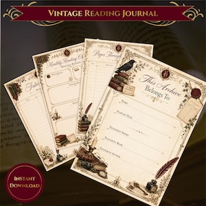 May include: A set of printable reading journal pages featuring cream-colored paper with ornate brown borders, illustrations of books, a raven, a quill, and a key. Text includes "Vintage Reading Journal," "Monthly Reading Challenge," and "This Archive Belongs To."