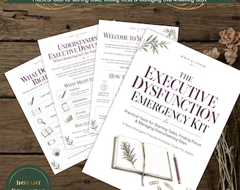 Puede incluir: Un conjunto de documentos imprimibles titulados The Executive Dysfunction Emergency Kit, con texto en morado oscuro sobre papel blanco, ilustraciones florales y diagramas. Las páginas incluyen secciones sobre la comprensión de la disfunción ejecutiva, iniciar tareas y encontrar el enfoque.