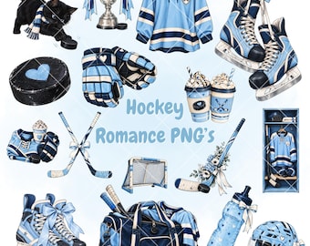 Puede incluir: Una colección de ilustraciones de hockey que incluye un gato negro con bufanda, un trofeo, una camiseta azul claro, patines de hielo, un disco con un corazón, guantes, tazas de café, palos cruzados, una portería, una bolsa y un casco.