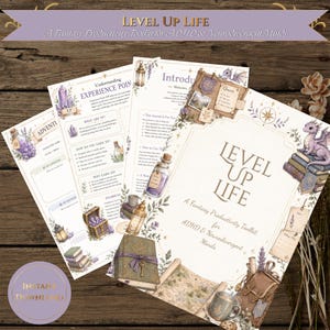 May include: A fantasy-themed productivity toolkit titled Level Up Life, featuring printed pages with illustrations of purple crystals, a small dragon, potion bottles, lanterns, and a leather-bound book. The text includes Experience Points, Quests, and Introduction.