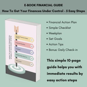 Op de afbeelding: Een e-book financieel gids getiteld How To Get Your Finances Under Control - 5 Easy Steps. De cover toont een verticale pijl die naar een doel wijst met vijf gekleurde wegwijzers genummerd 01 tot 05, met daarop verschillende financiële stappen.