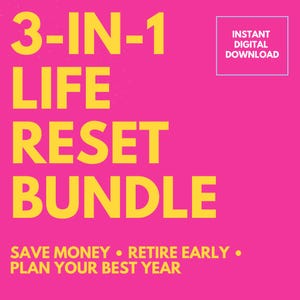 Op de afbeelding: Een felroze afbeelding met gele tekst die een "3-IN-1 LIFE RESET BUNDLE" promoot. De tekst bevat "BESPAAR GELD", "VROEG MET PENSIOEN" en "PLAN JE BESTE JAAR". Een witte doos rechtsboven leest "DIRECTE DIGITALE DOWNLOAD".