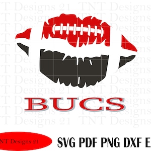 May include: A red and black football-shaped graphic with a white outline and laces. The graphic is in the shape of a pair of lips. The text "BUCS" is below the graphic in red and gray letters.