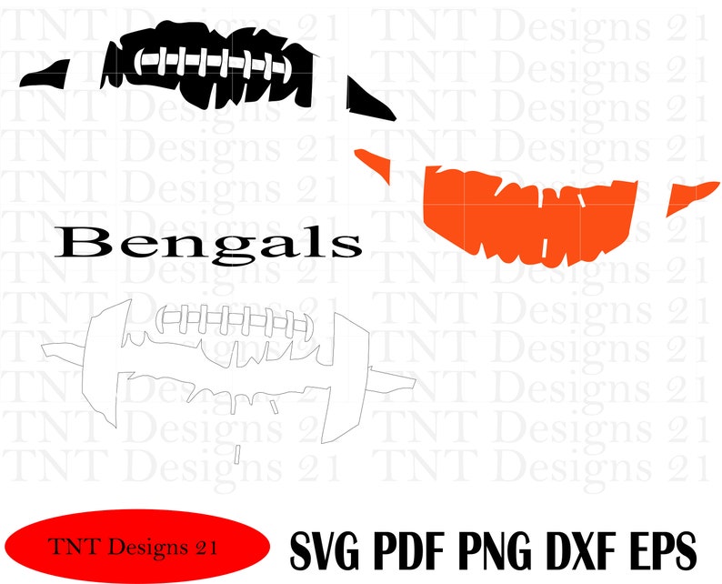 Op de afbeelding: Een digitaal ontwerpbestand voor een voetbalvormige afbeelding met het woord "Bengals" in zwarte tekst. De voetbal is in een distressed stijl met een zwart-witte omtrek en een oranje-witte omtrek.
