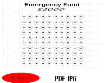May include: A black and white printable chart with the text "Emergency Fund $1000". The chart is made up of 100 stars, each with the number 10 inside.