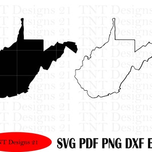 Puede incluir: Esquema en blanco y negro del estado de Virginia Occidental. El esquema está relleno de negro en el lado izquierdo de la imagen y solo es un esquema en el lado derecho de la imagen. El texto "TNT Designs 21" aparece en la parte inferior de la imagen.