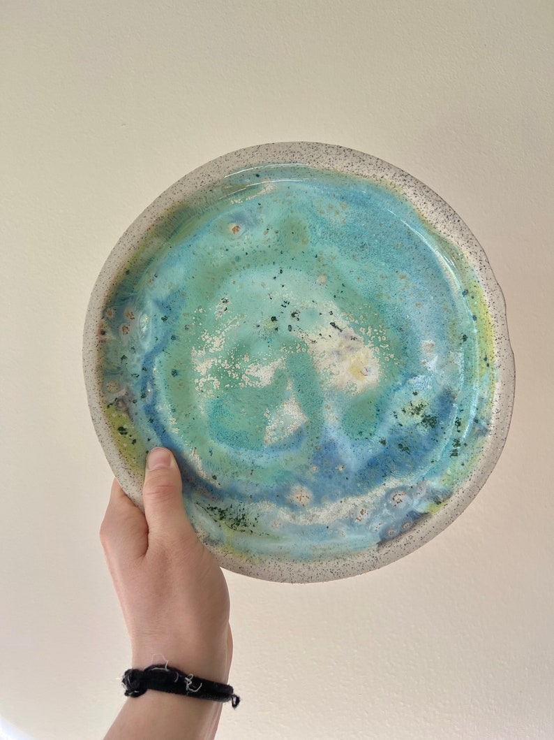 21cm Hand-Made and Hand-Glazed Plate in Blues & Greens / Serving Platter image 2