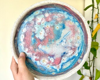 21cm Hand-Made and Hand-Glazed Plate in Blues & Pinks / Serving Platter