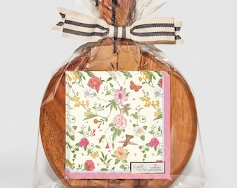 Acacia Wood Charcuterie Board With Floral Cocktail Napkins Set