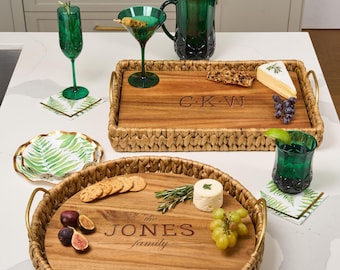 Personalized Water Hyacinth Tray with Acacia Wood Liner | Engraved Serving Tray