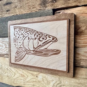 Laser engraved wood Brook Trout illustration, Angler gift, Man cave art, fishing art
