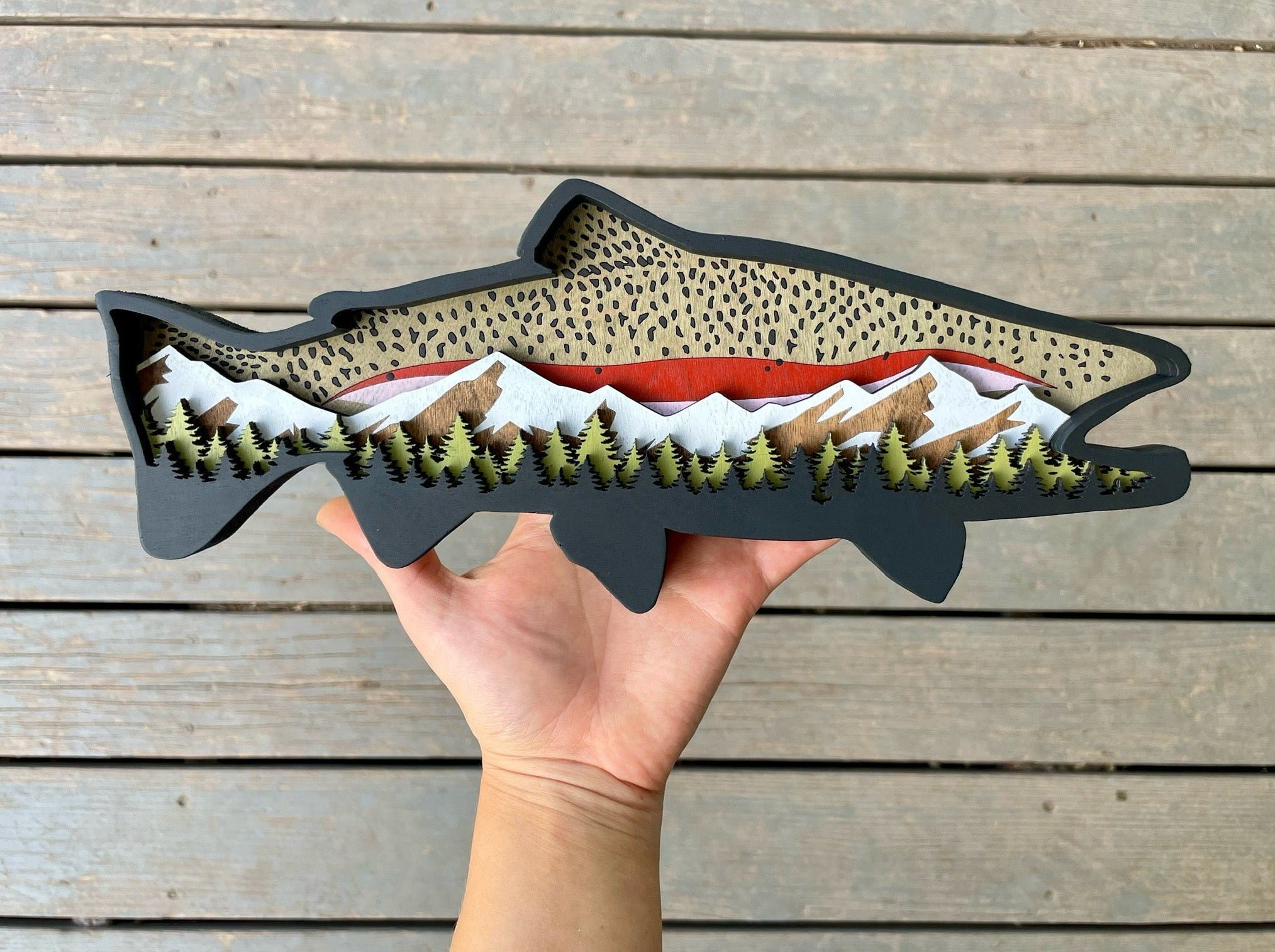 Wood Rainbow Trout .snow Capped Mountains With Pine Trees. Fishing and  Outdoor Enthusiasts. Fly Fishing. Fishing Home Decor. Fishing Gift 