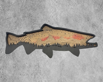 Wood Cutthroat Trout Design. Teton Mountain Range. Wall art. Fly fishing. Fishing home decor.Fly Fishing Gift