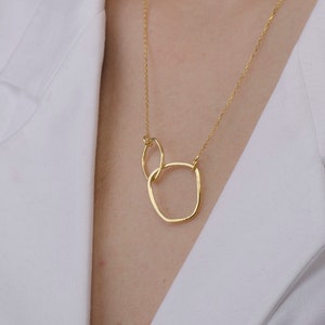 14k Solid Gold Interlocking Circle Necklace, , Unique Necklace, double circle pendant, Gift for her