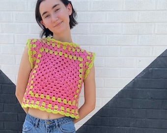 Handgemachte häkeln Oma Quadrat Weste / Sommer top / Pink und Lime Grün Weste / Buntes Crop Top