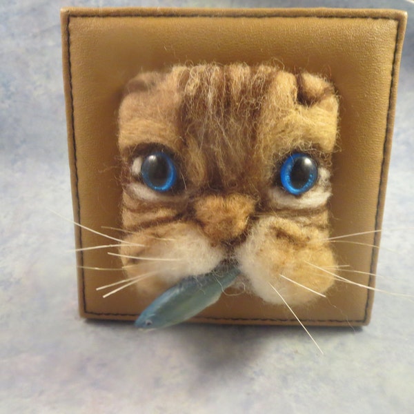 OOAK Needle Felted Cat Face Holding A Fish Vintage Leather Frame Wool Sculpture Artist Offering Handmade Handcrafted Brown Tabby Cat Felted