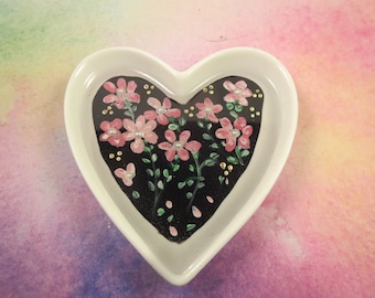 Jewelry Dish Hand Painted Delicate Pink Floral and Greenery  Office Desk Decor Home Decor Resin Added Heart Shaped Small Trinkit Dish OOAK